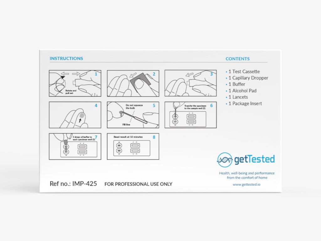 Boîte avec instructions et contenu. Contient cassette de test, compte-gouttes, tampon, tampon alcoolisé, lancettes et notice.
