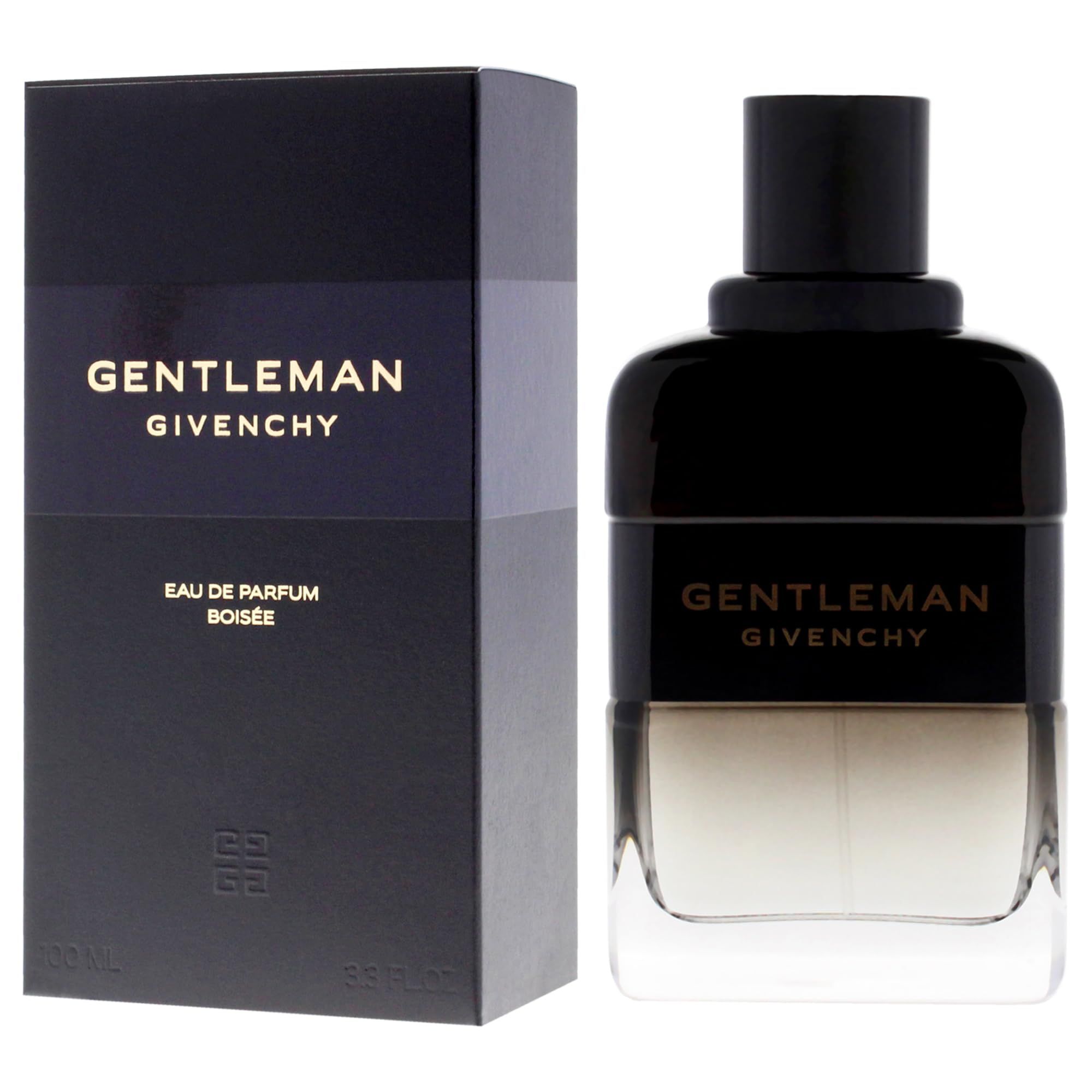 Boîte et flacon noirs. Inscription: GENTLEMAN GIVENCHY. Eau de Parfum Boisée. Forme rectangulaire.