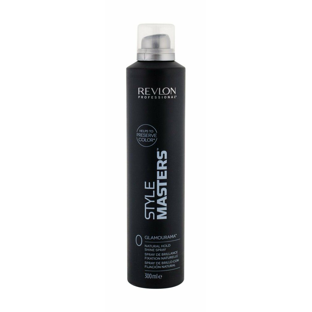 Flacon spray noir avec tête argentée. Inscription: Revlon Professional, Style Masters, Glamourama, Natural Hold Shine Spray.