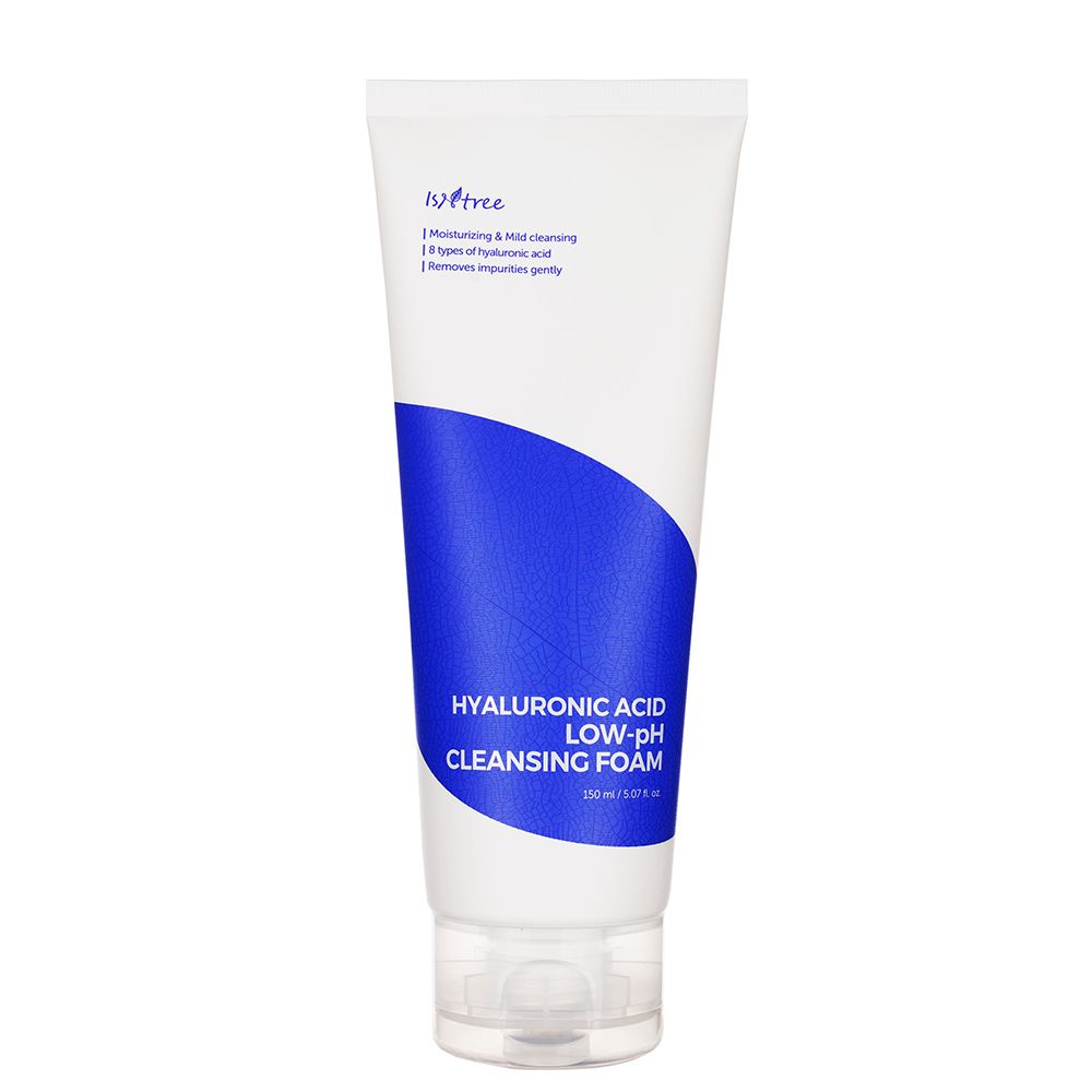 Tube blanc avec bande bleue, Hyaluronic Acid Low-pH Cleansing Foam.