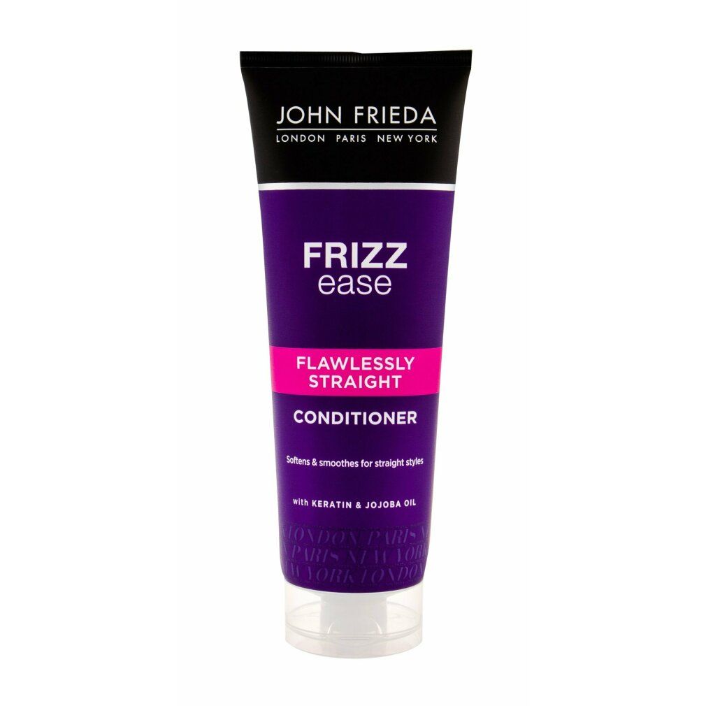 Tube de revitalisant John Frieda Frizz Ease Flawlessly Straight. Violet, rose et blanc. Avec kératine et huile de jojoba.