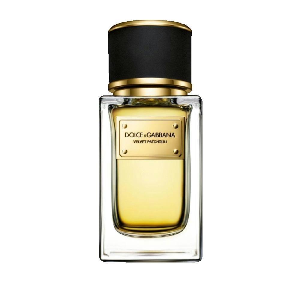 Parfumfles met zwarte dop en gouden rand. Op het etiket staat Dolce & Gabbana Velvet Patchouli I.