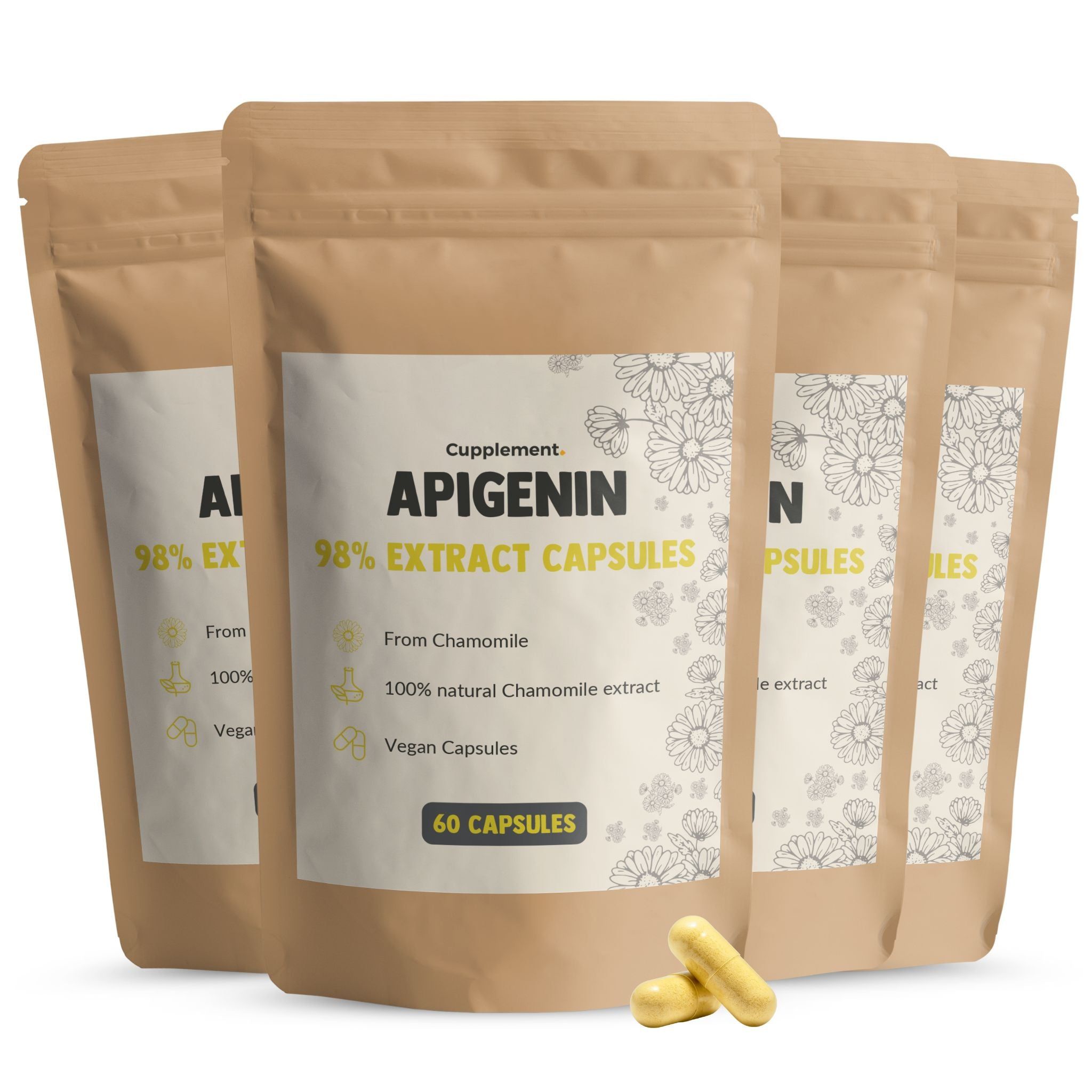 Meerdere zakjes met capsules. Opschrift: Apigenin 98% Extract Capsules. 60 capsules. Bruine verpakking.