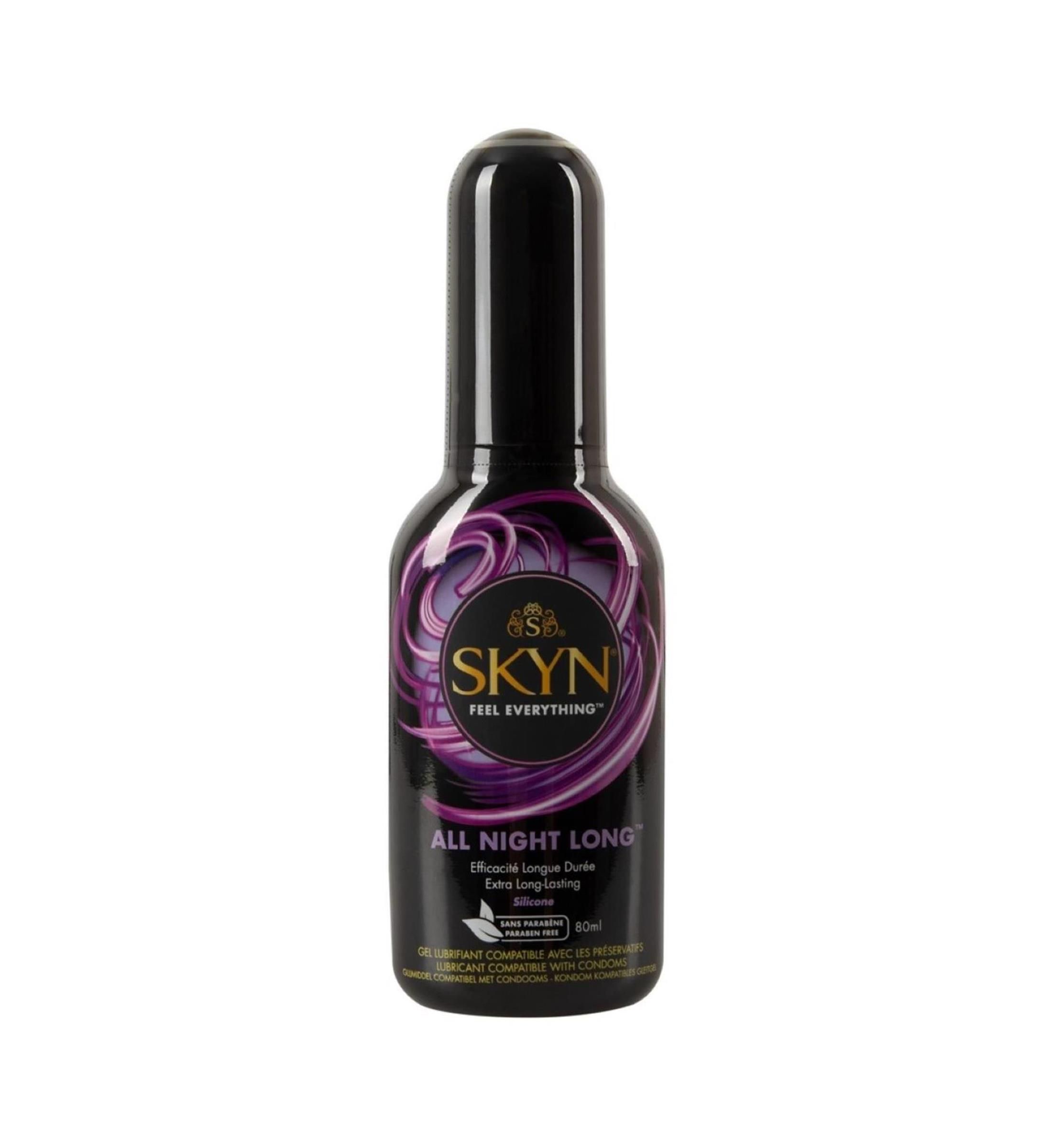 Lubrifiant SKYN All Night Long dans une bouteille noire avec distributeur à pompe. 80ml.