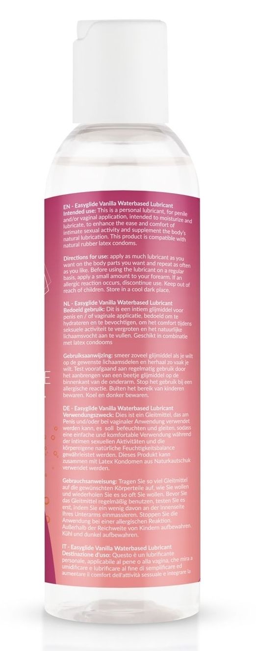 Dos du flacon. Étiquette rose avec texte multilingue. Label vegan. Informations d'utilisation.