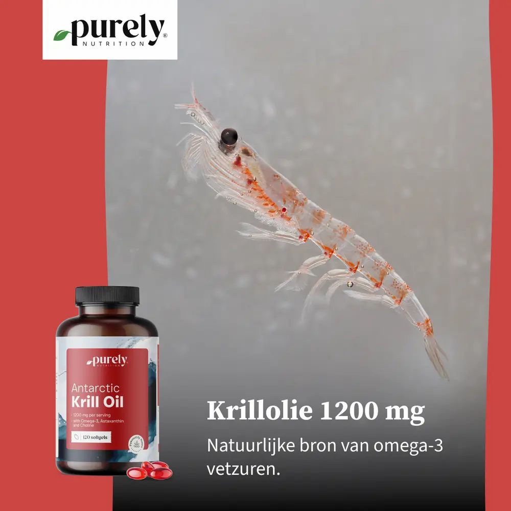 Fles met rood etiket en krill. Tekst: Krillolie 1200 mg. Logo: Purely Nutrition.