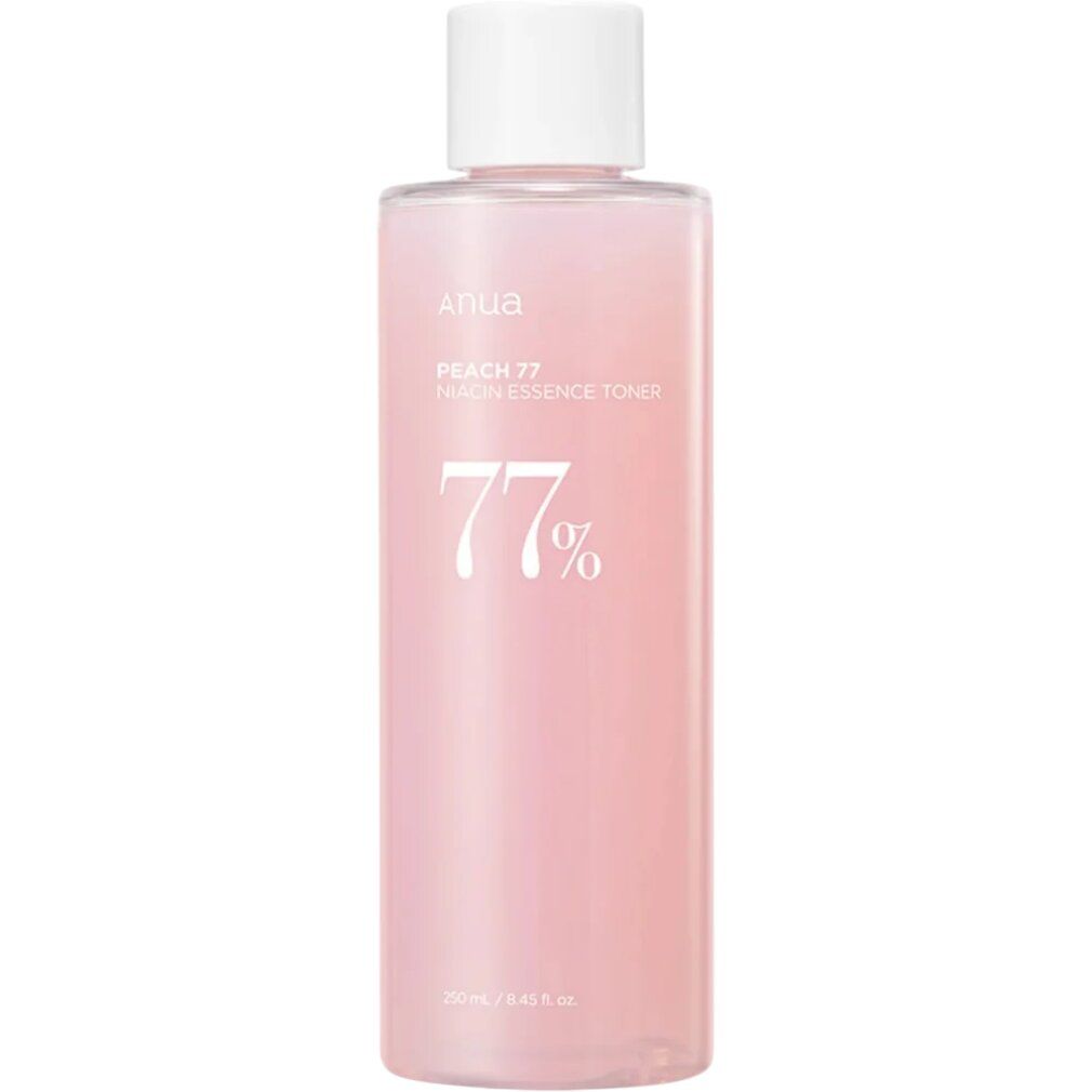 ANUA Peach 77% Niacin Essence Toner in een doorzichtige fles met witte dop.