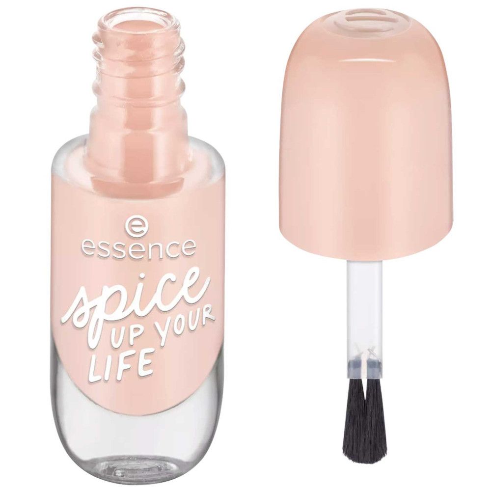 Flacon de vernis à ongles ouvert avec pinceau. Vernis rose clair. Inscription : spice up your life. Marque : essence.