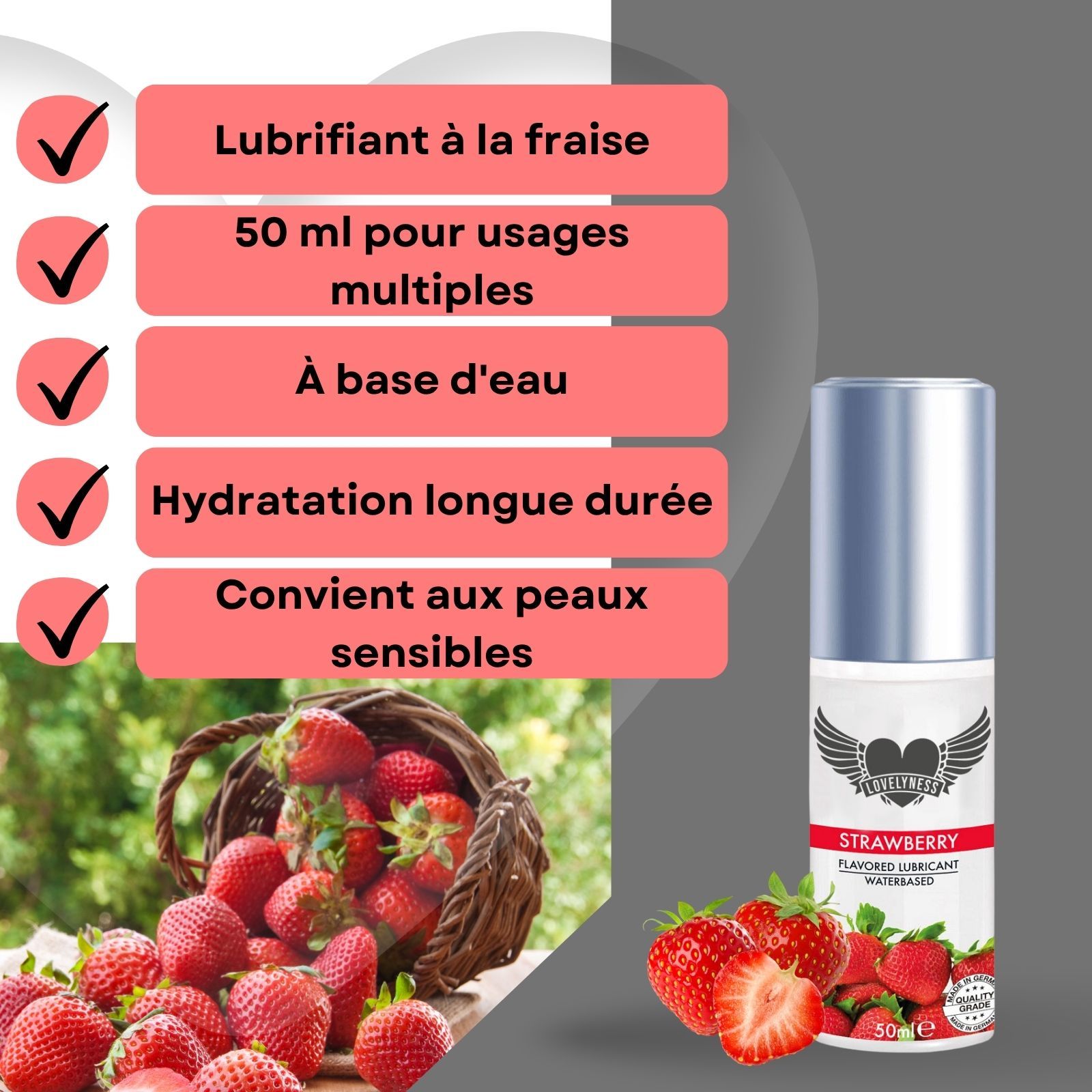 Flacon de lubrifiant avec fraises et texte. Texte : Strawberry, Flavored Lubricant, Waterbased.