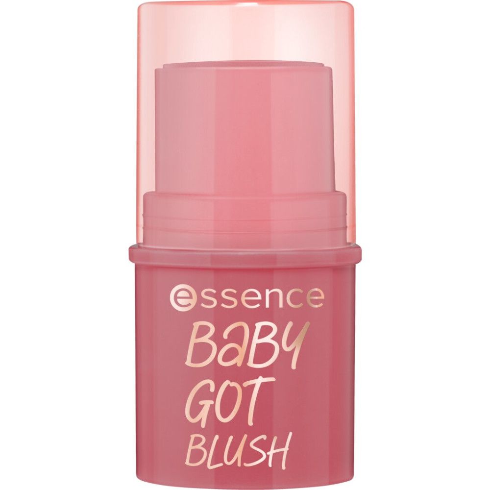 Roze blush stick met dop. Productnaam en merk zichtbaar: Essence Baby Got Blush.
