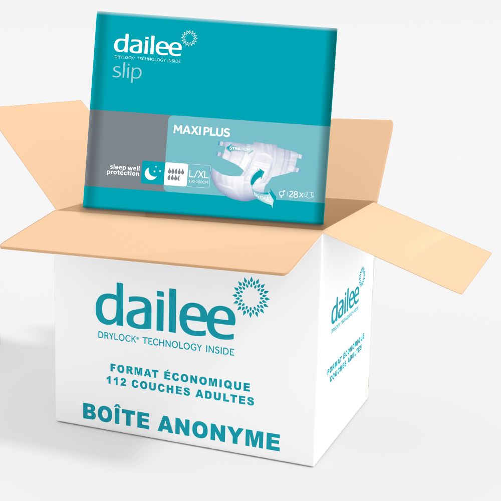 Dailee Slip Maxi Plus en boîte. 28 pièces. Format économique. Boîte anonyme.