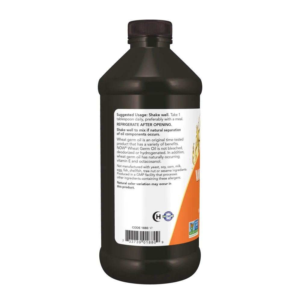 Bruine fles met wit etiket. Gebruiksaanwijzing: Schudden voor gebruik. Koel bewaren. Merk: NOW. Bevat tarwekiemolie. Met certificering.