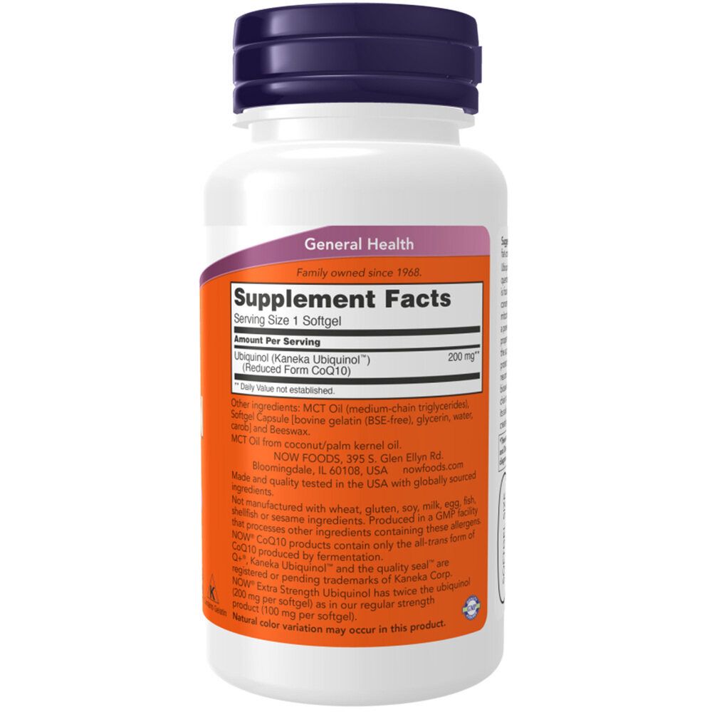 Supplementfles met paarse dop. Opschrift: Ubiquinol, 200 mg. Bevat 60 softgels. Oranje etiket met witte letters.