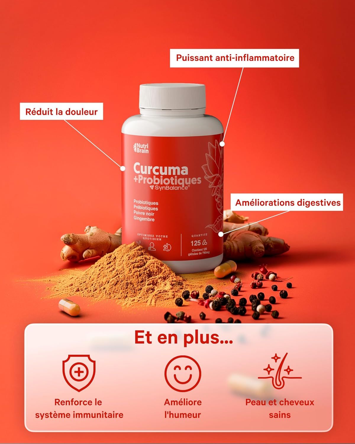 Bouteille de capsules Curcuma + Probiotiques, avec poudre de curcuma et épices à côté.