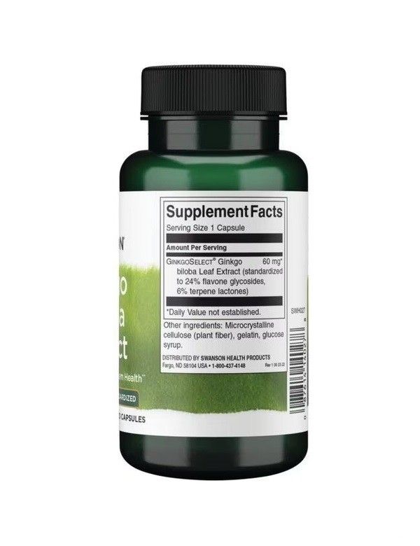 Achterkant van de groene fles. Wit etiket met voedingswaarde. Opschrift: Ginkgo Biloba Extrakt.