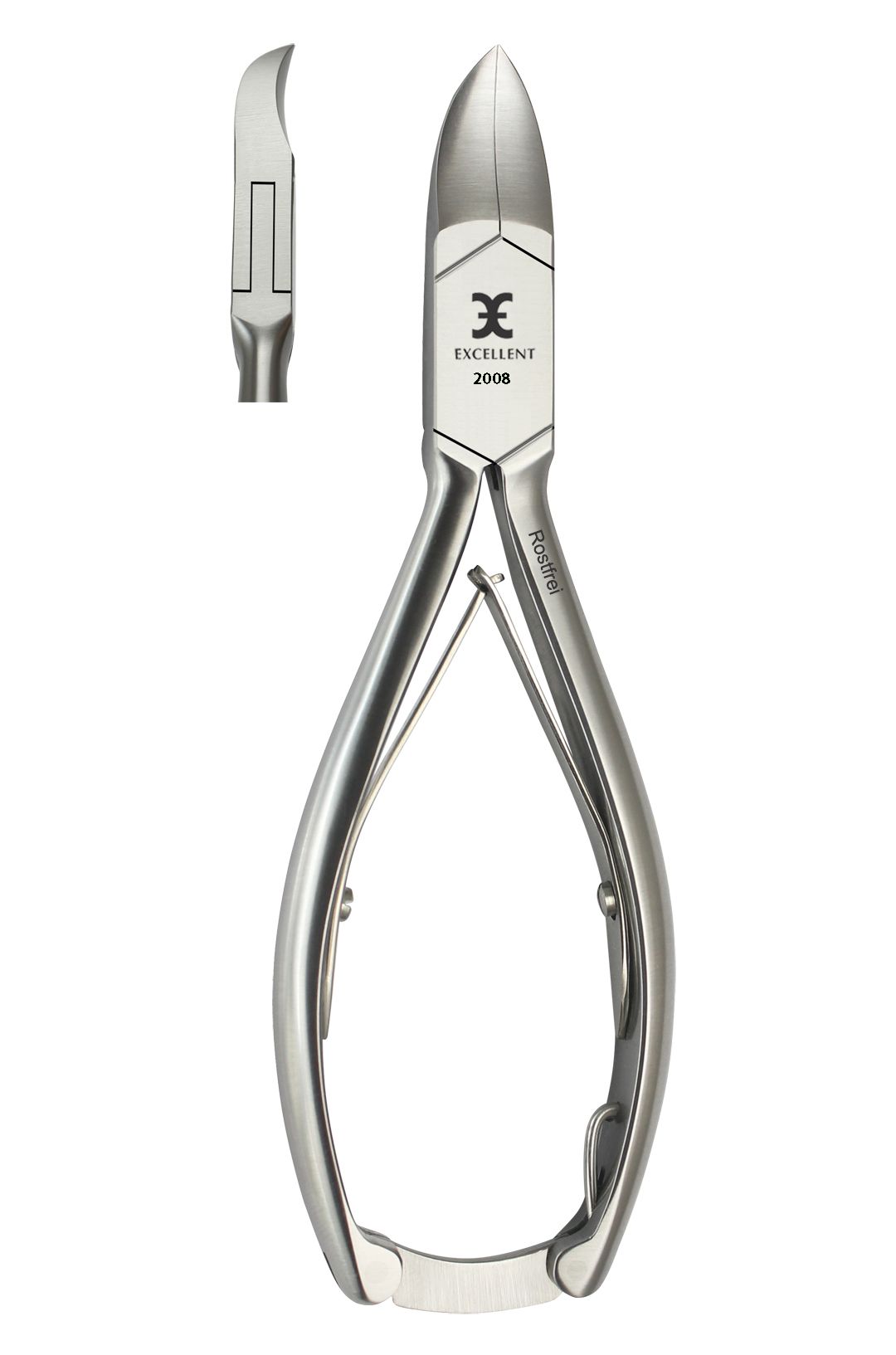 Coupe-ongles en acier inoxydable. Marque Excellent, modèle 2008. Lame incurvée et poignées. Inoxydable.