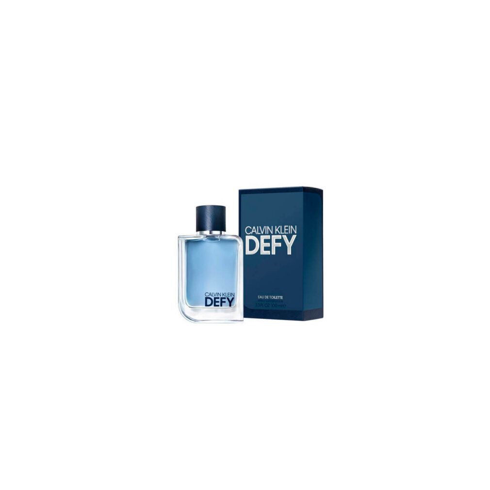 Flacon et emballage Calvin Klein Defy Eau de Toilette. Flacon carré, verre bleu. Emballage bleu avec lettrage blanc.