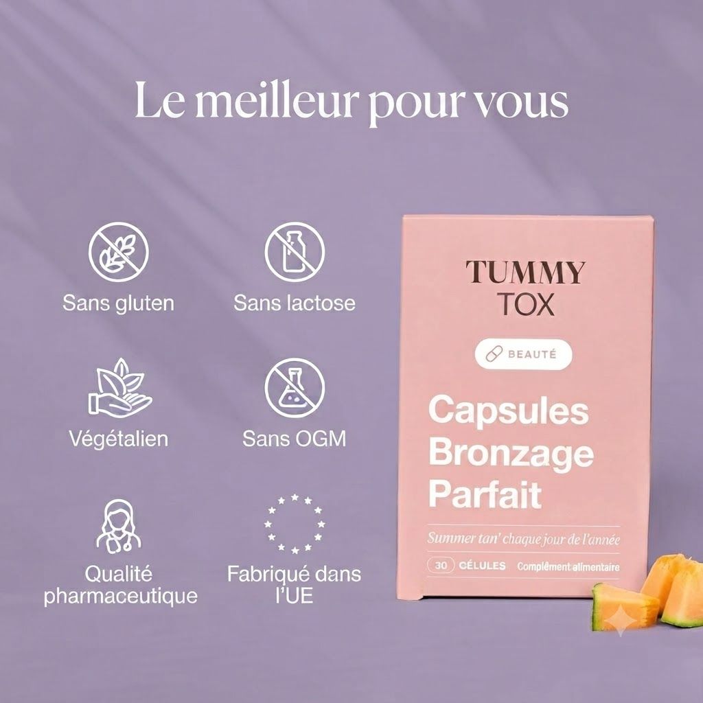 Emballage de Tummy Tox Perfect Bronze Caps avec sceaux sans gluten, vegan, sans OGM.