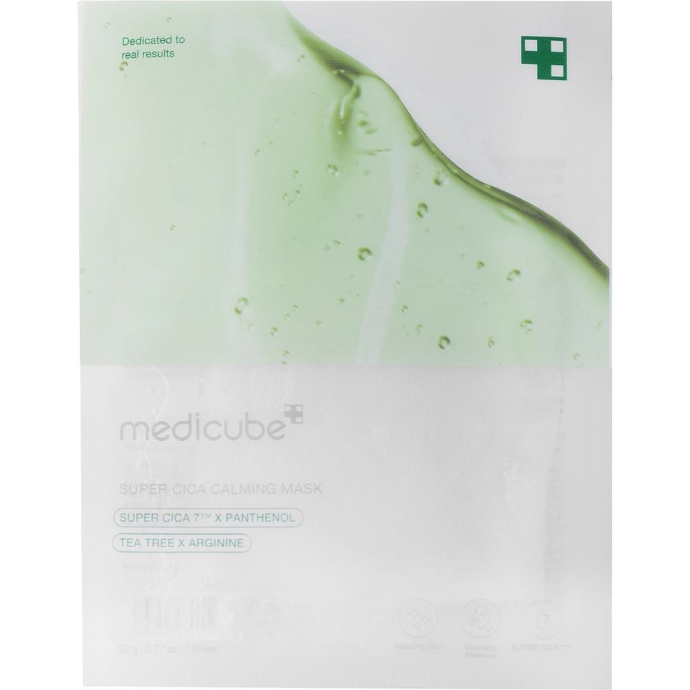 Verpakking van MEDICUBE Super Cica Calming Mask. Wit, met groen gel-ontwerp en productnaam. Tekst: Super Cica, Tea Tree x Arginine.