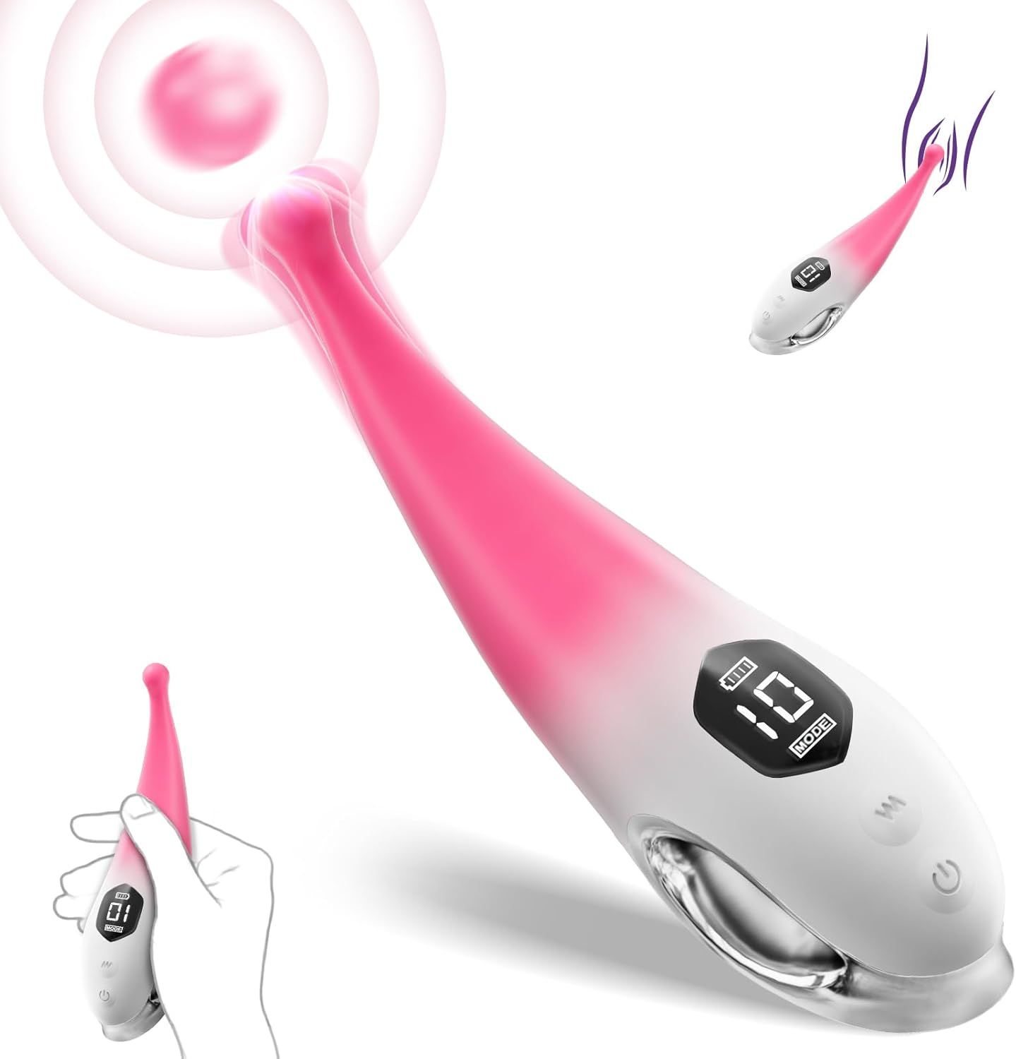 Vibrateur rose et blanc avec écran numérique et indicateur de charge, tenu dans une main.