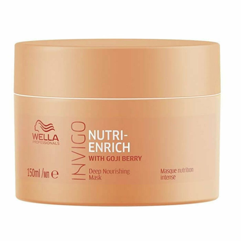 Perzikroze pot. Opschrift: Wella Invigo Nutri-Enrich Deep Nourishing Mask. Met gojibes. 150ml.