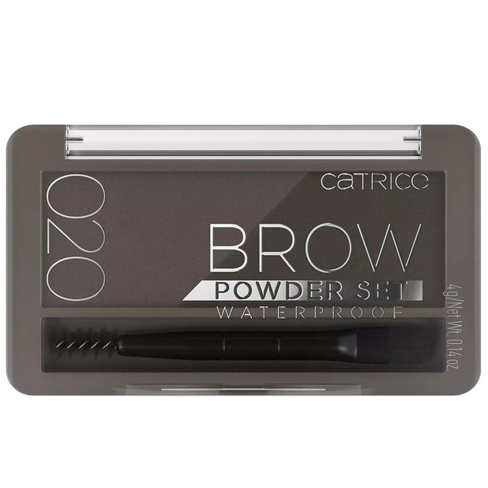 Catrice wenkbrauwpoeder set. Duo poeder in grijze houder met borstel. Opschrift: BROW POWDER SET WATERPROOF. Kleurcode: 020.