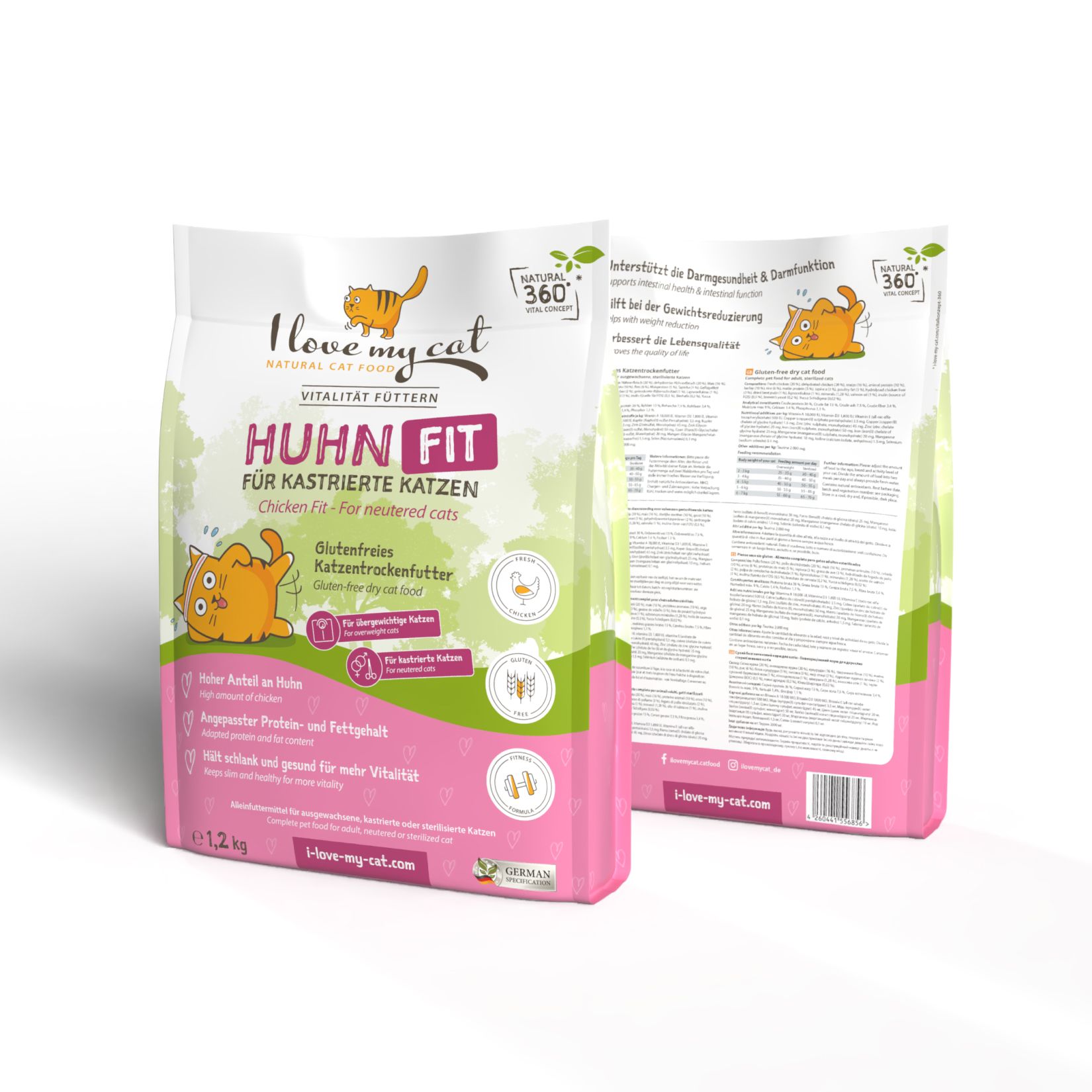 Twee zakken kattenvoer. Opschrift: I love my cat, Huhn Fit, voor gecastreerde katten. Bevat een kattenstripfiguur. Achterkant met informatie.