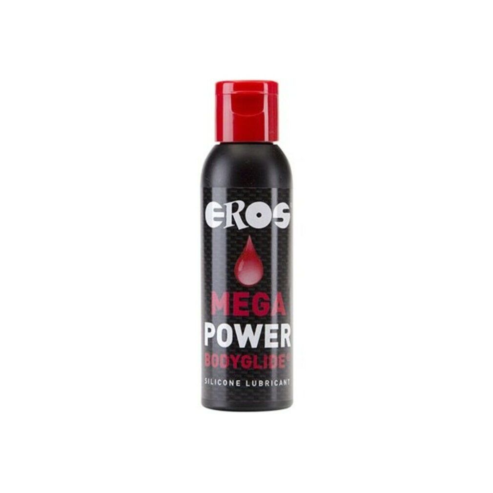 Zwarte fles met rode fliptopdop. Etiket met "EROS MEGA POWER BODYGLIDE SILICONE LUBRICANT".