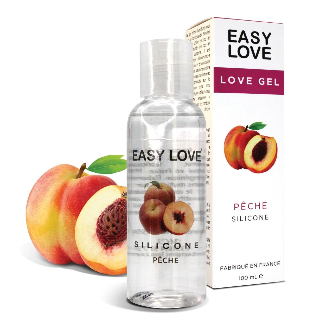 Easy Love Love Gel: Transparante siliconen massageolie met perziksmaak in fles en doos, met verse perziken ernaast.