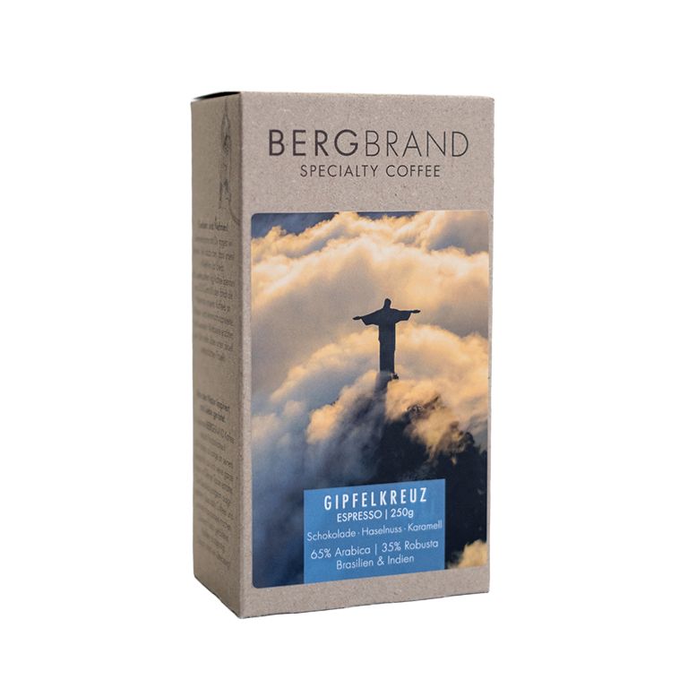 Paquet de café BERGBRAND Specialty Coffee. Texte : Gipfelkreuz Espresso 250g, 65% Arabica, 35% Robusta.