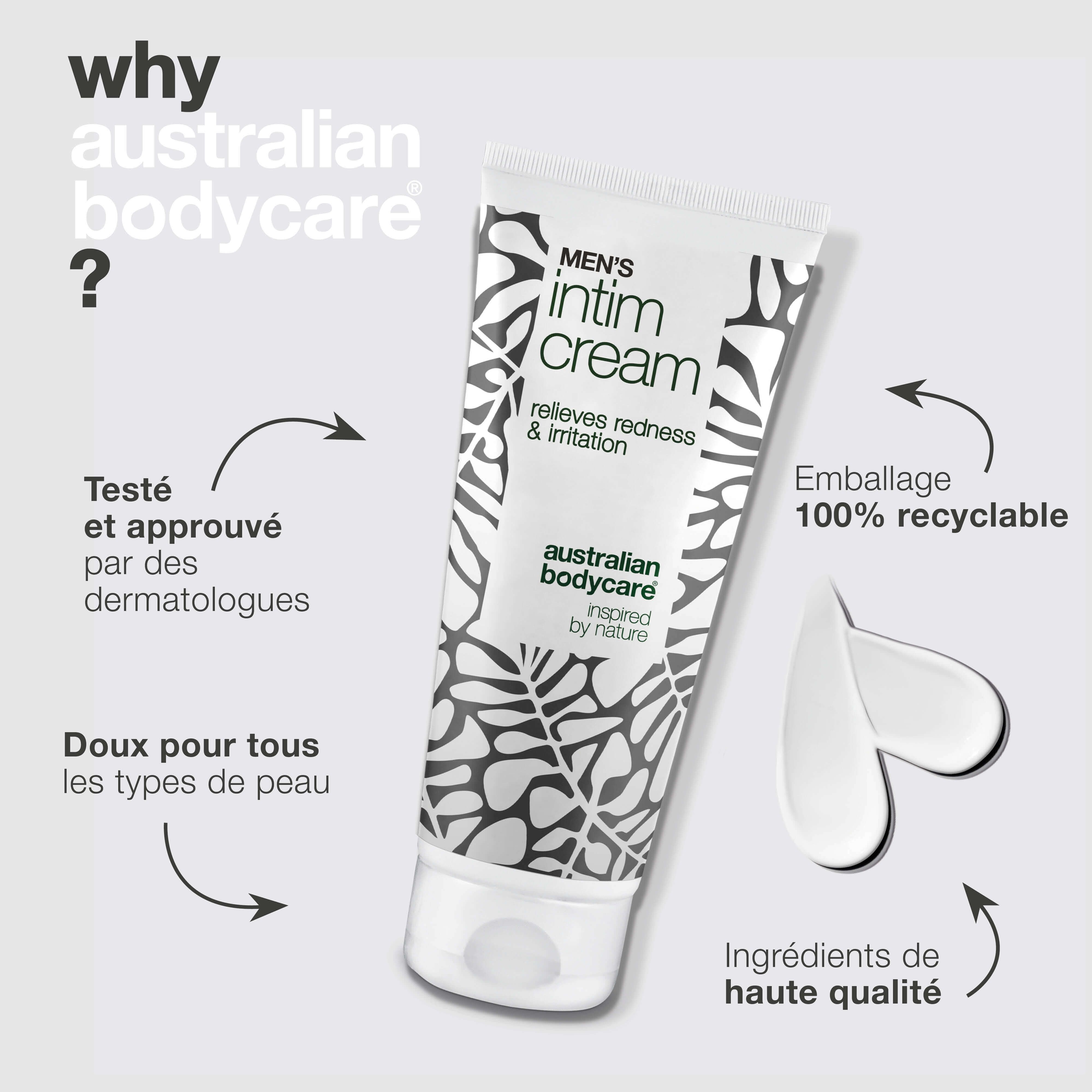 Point d'interrogation. Tube de crème intime. Texte: Testé par des dermatologues, doux pour tous types de peau, emballage 100% recyclable, ingrédients de qualité.