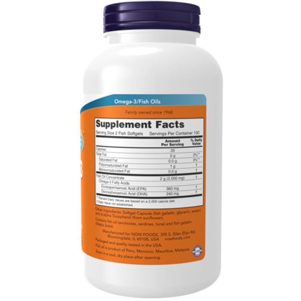 Achterkant van de pot Now Foods Omega-3 Visolie 1000mg. Bevat voedingsfeiten en ingrediënten.