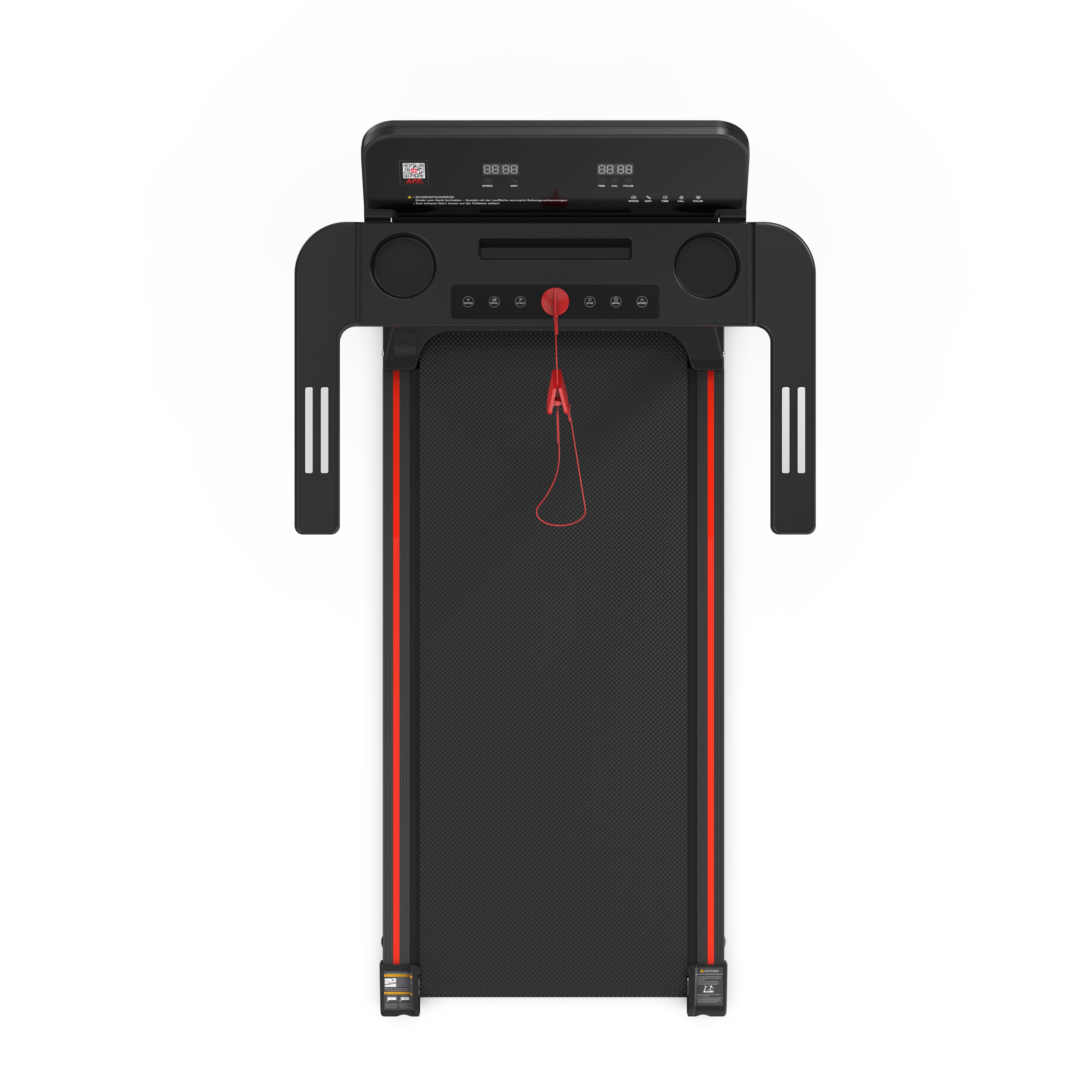 Vue de dessus d'un tapis roulant noir avec ligne rouge. Avec écran LED et poignées.