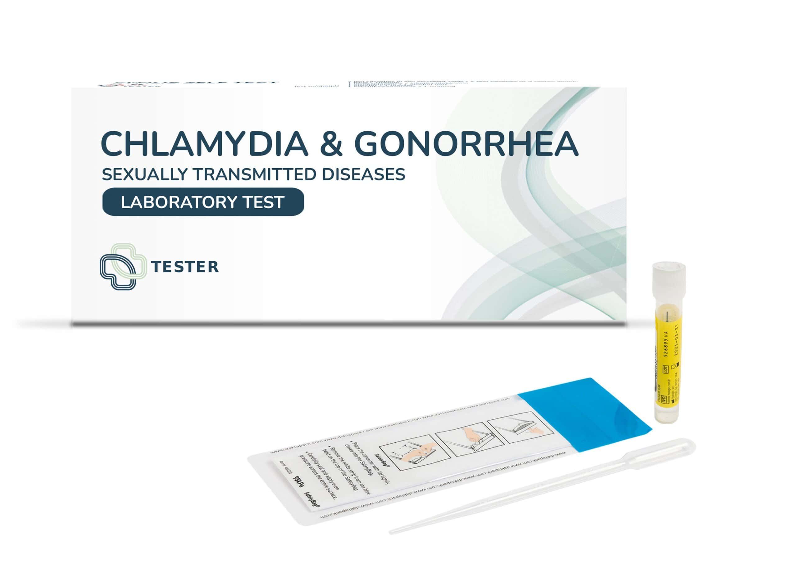 Kit de test Chlamydia & Gonorrhée avec tube de laboratoire, pipette et bandelette.