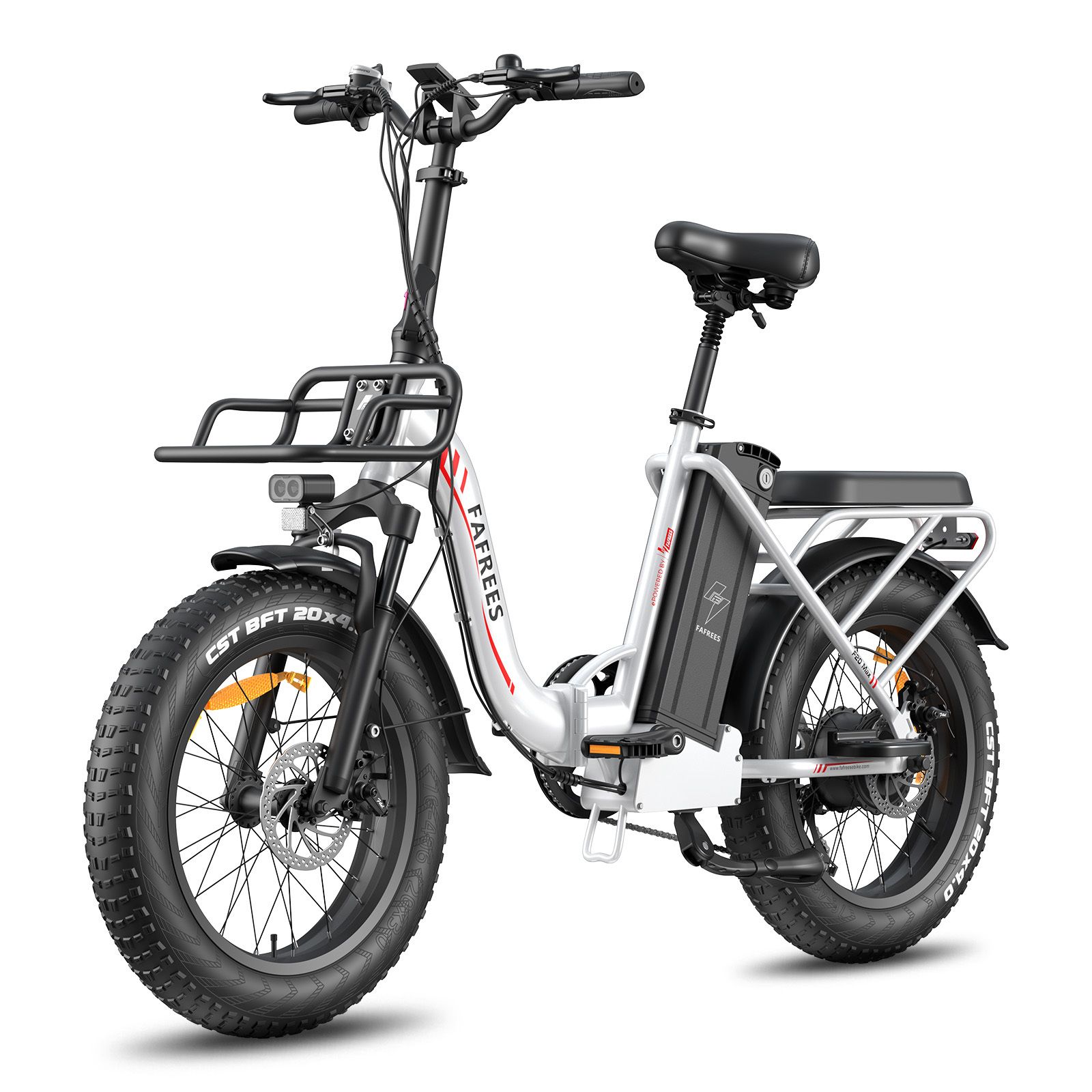 Vélo électrique pliable blanc et noir. Porte-bagages et logo FAFREES visibles. Pneus noirs.