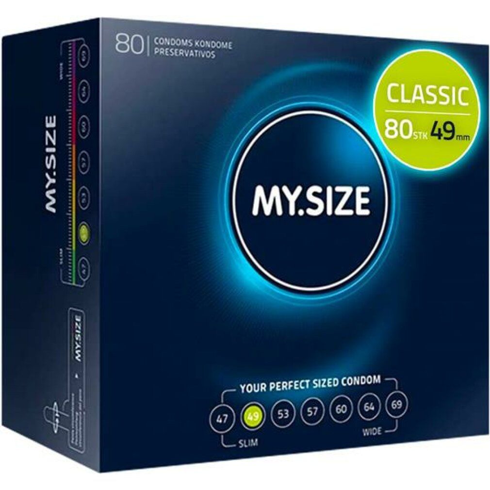 Donkerblauwe doos MY.SIZE, 80 condooms. Maat 49 mm. Tekst: YOUR PERFECT SIZED CONDOM.