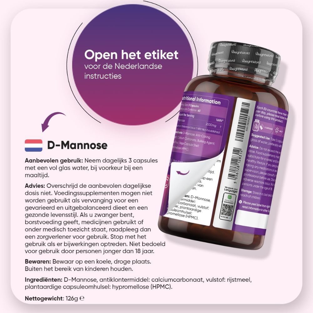 Bruine fles D-Mannose capsules. Tekst: Open het etiket voor de Nederlandse instructies.
