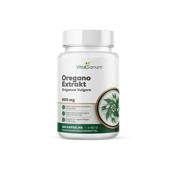 Flacon blanc VitaSanum Oregano Extrakt. Inscription : 600 mg, 100 capsules, 60 g. Étiquette verte et blanche avec plante.