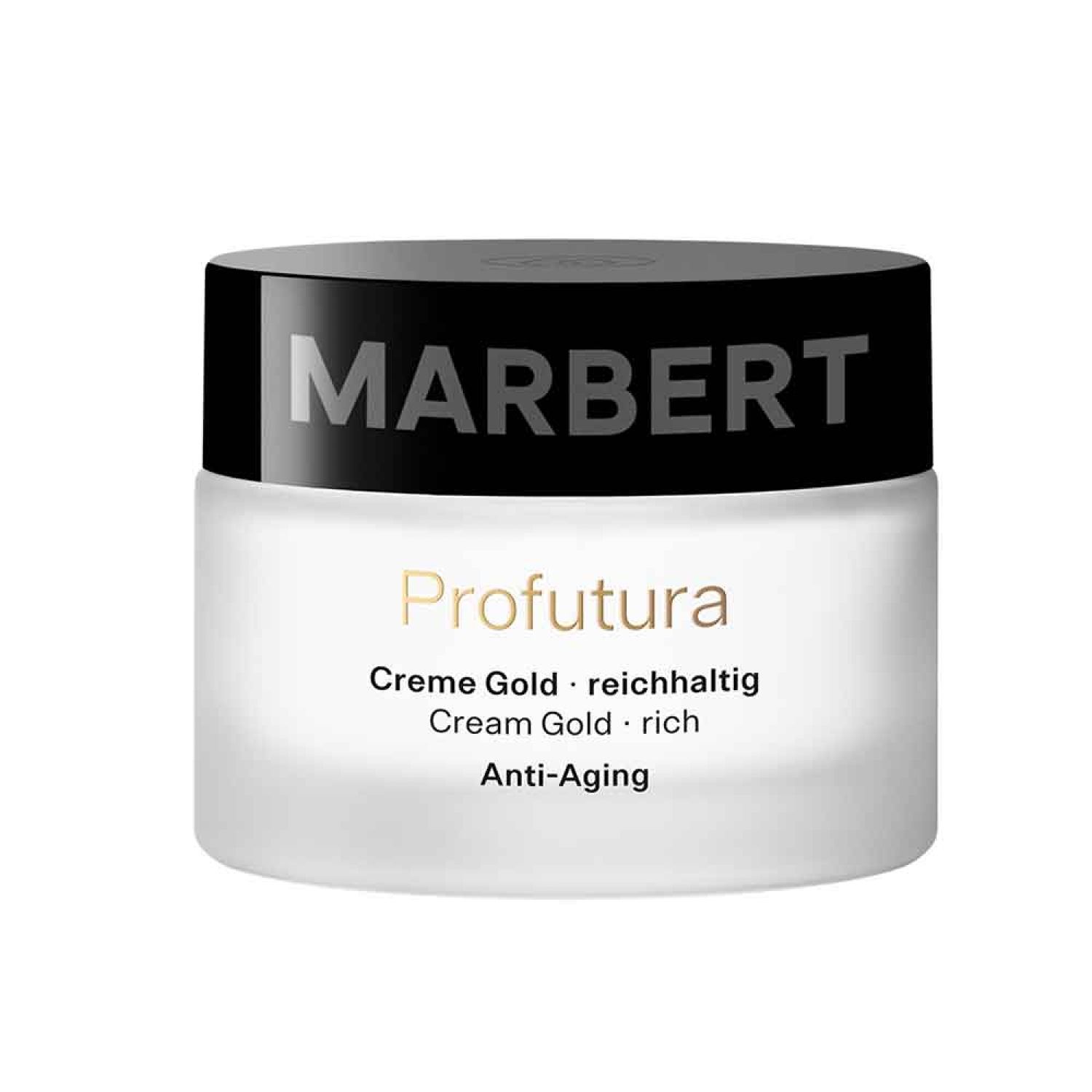 Gouden crèmepot met zwarte deksel. Opschrift: MARBERT, Profutura, Creme Gold reichhaltig, Anti-Aging.
