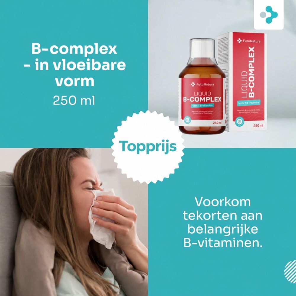 Fles en doos FutuNatura B-complex vloeibaar, 250 ml, met indicaties hart en bloed.