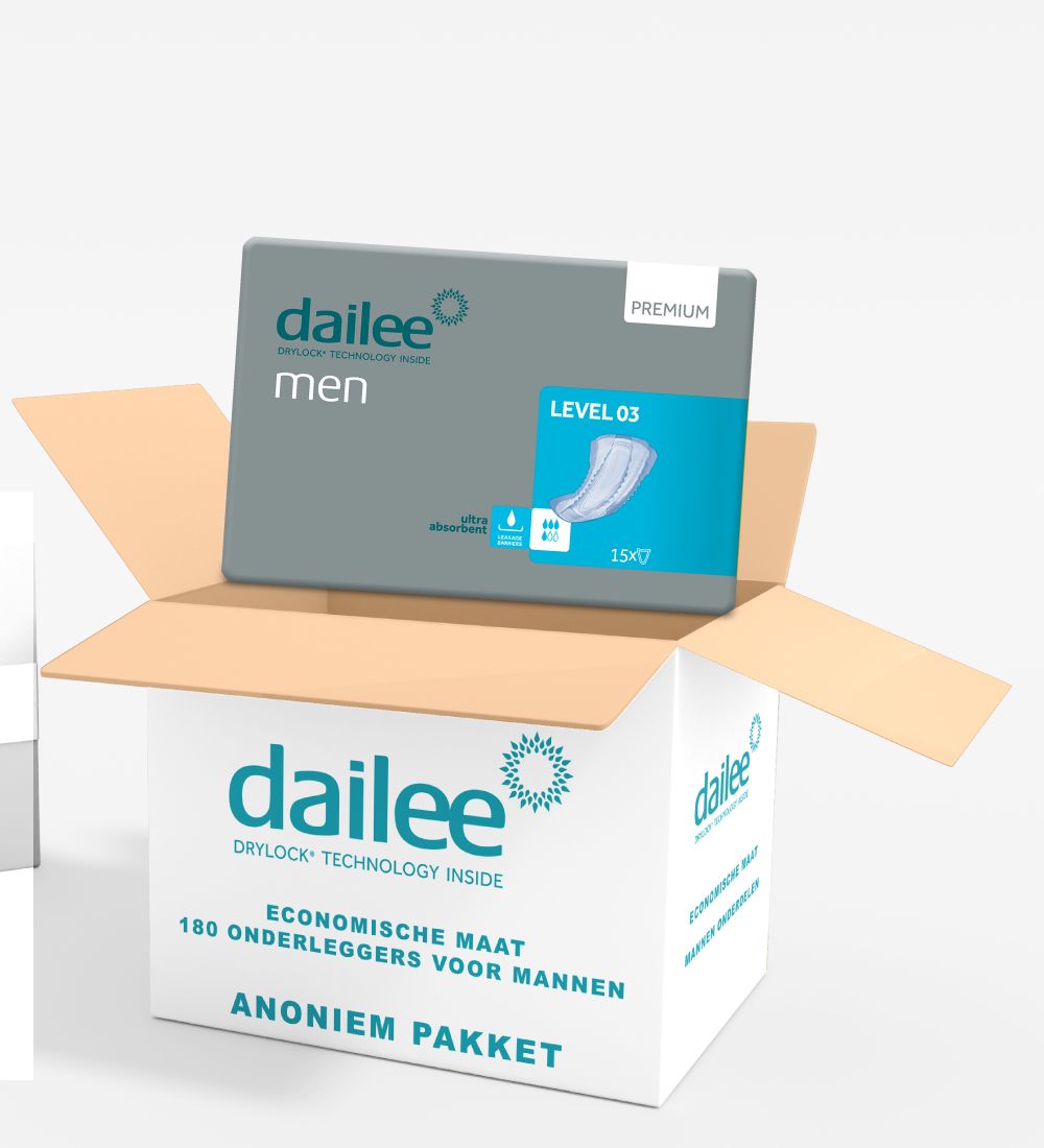 Open doos met Dailee Men Level 3. Productverpakking zichtbaar. Opschrift: Dailee, Men, Level 03, 15x7. Op de doos: Anoniem pakket.