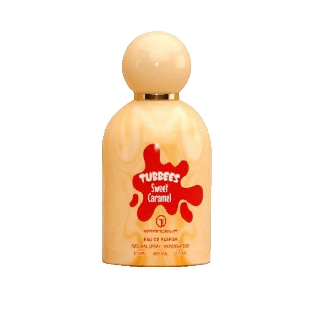 Parfumfles met beige dop en tekst. Opschrift: TUBBEES Sweet Caramel. Fles met gemarmerd patroon.