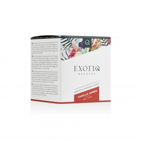 Verpakking met bloemmotief en tekst. Bevat een massagekaars. Opschrift: Exotiq Massage, Vanilla Amber, 60g.