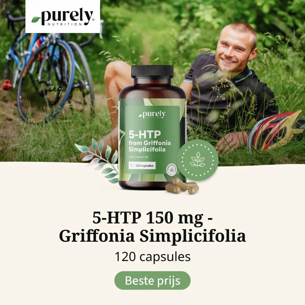 Man bij fiets. Daarnaast fles 5-HTP van Griffonia Simplicifolia. Tekst: 5-HTP 150 mg. 120 capsules.