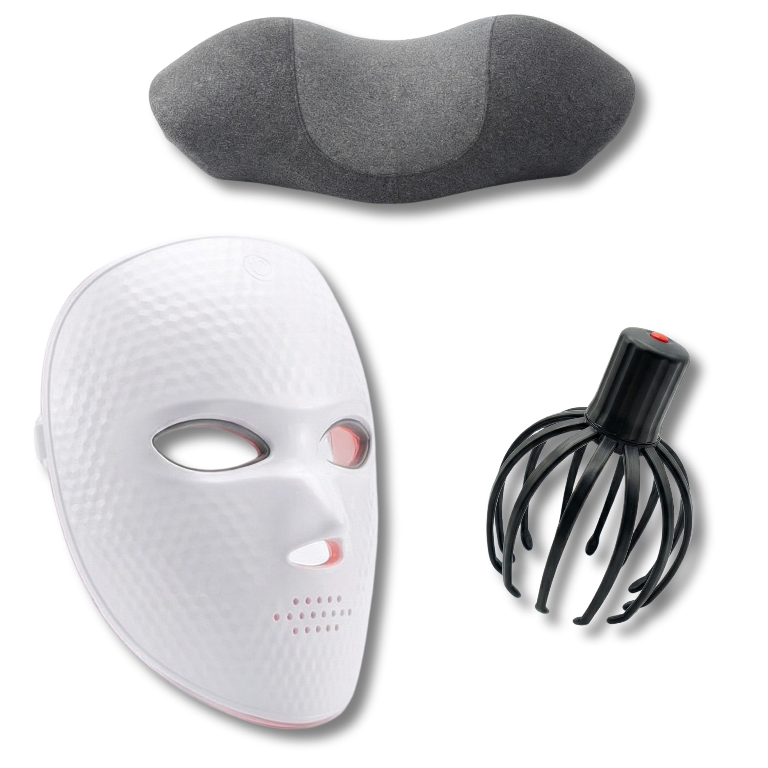 Grijs nekkussen. Wit LED-gezichtsmasker. Zwarte massagekop met flexibele armen.