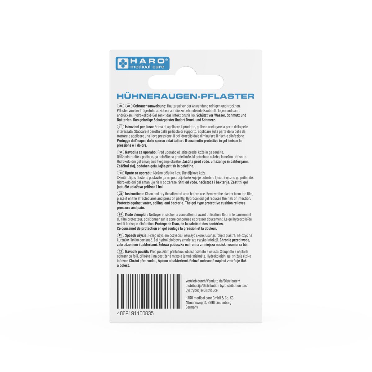 Achterkant van de verpakking van Haro Hühneraugenpflaster. Tekst in meerdere talen. Barcode onderaan. Logo: Haro medical care.