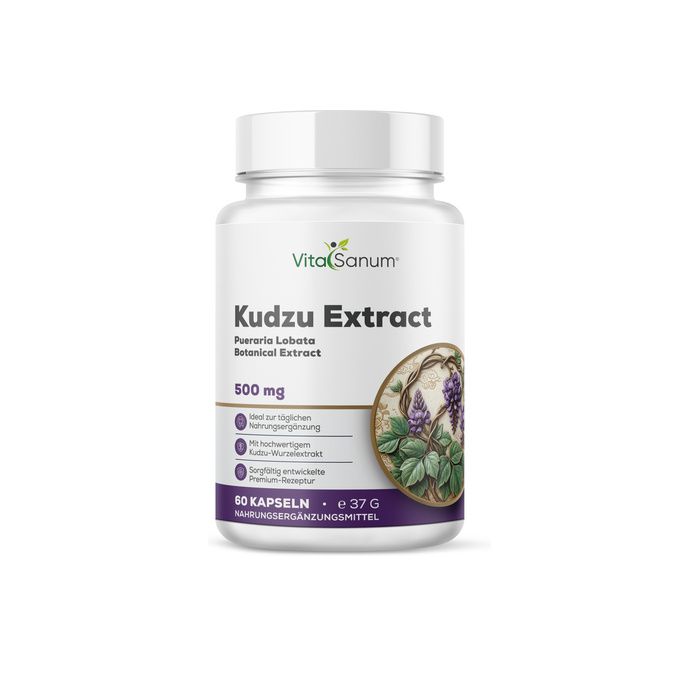 Gélules VitaSanum Kudzu Extract, 500 mg, 60 pièces. Flacon blanc avec étiquette violette et illustration de plante.
