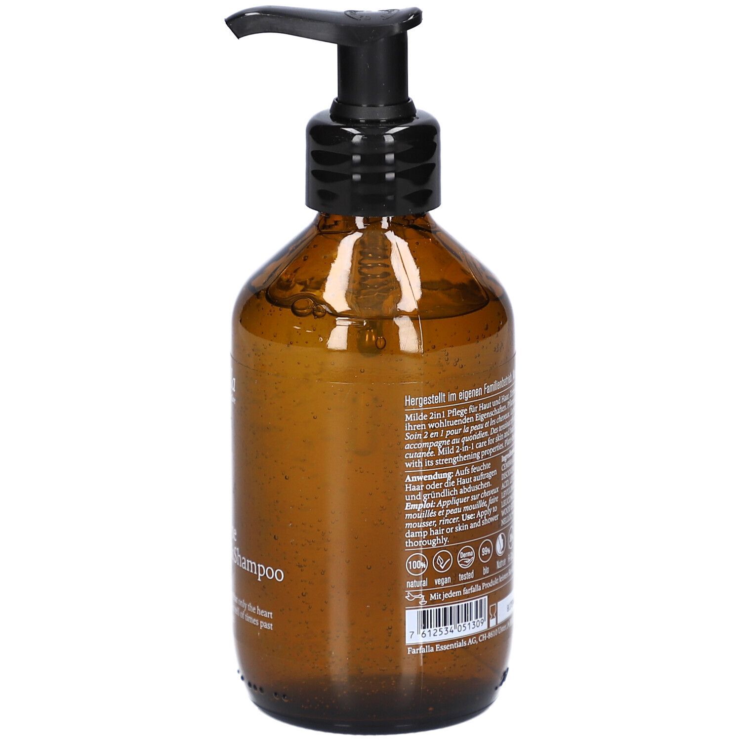 Flacon brun avec pompe noire. Dos avec texte. Vegan, label bio.