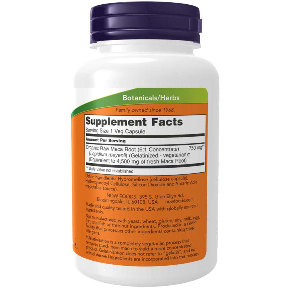 Achterkant van de fles. Etiket met "Supplement Facts". Bevat informatie over ingrediënten en voedingswaarde. "NOW FOODS" logo en adres.