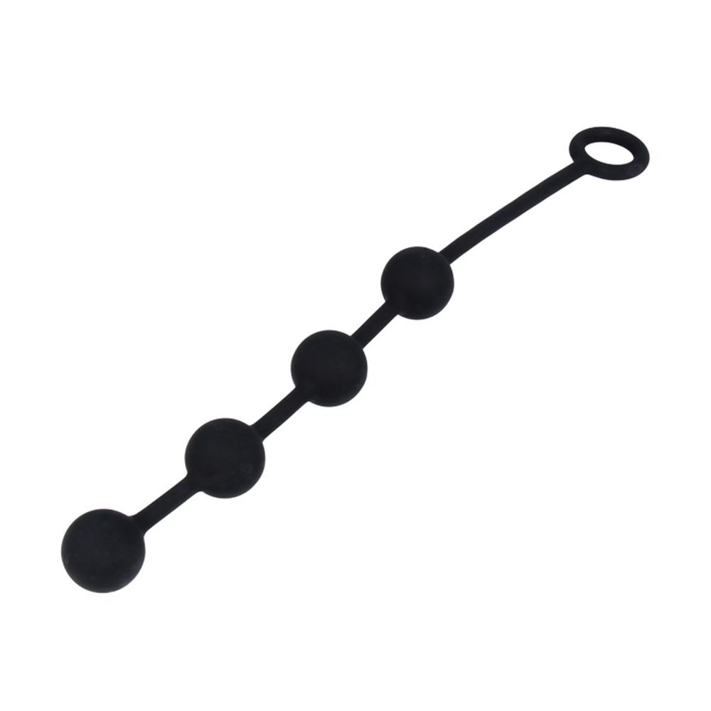 Zwart, parelvormig product met vier bollen verbonden door een flexibele steel. Een lus aan het uiteinde.